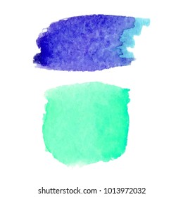 Set of abstract stains. Blue colors. Bright creative backdrop. Watercolor texture with brush strokes. Spots isolated in white background. Trendy colorful design. Hand painted. Vector illurtration EPS.