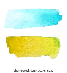 Set of abstract stains. Blue and yellow colors. Bright creative horizontal backdrop. Watercolor texture with brush strokes.Spots Isolated in white background. Trendy colorful design.Hand painted. EPS.