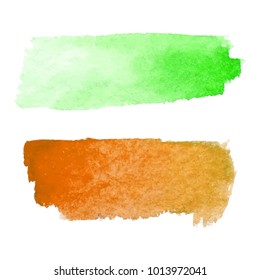 Set of abstract stains. Green and orange colors. Bright creative horizontal backdrop. Watercolor texture with brush strokes.Spots Isolated in white background. Trendy colorful design. Hand painted.