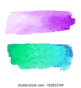 Set of abstract stains. Purple and green blue colors. Bright creative horizontal backdrop. Watercolor texture with brush strokes.Spots Isolated in white background. Trendy colorful design.Hand painted