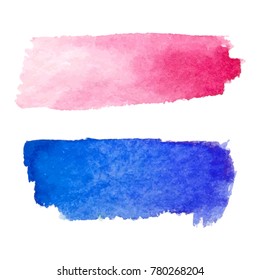Set of abstract stains. Red and blue colors. Bright creative horizontal backdrop. Watercolor texture with brush strokes.Spots Isolated in white background. Trendy colorful design. Hand painted. EPS.