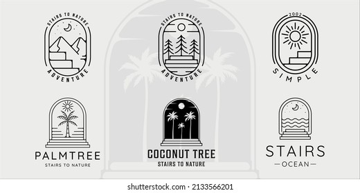 Set Of Abstract Stairs Logo Line Art Simple Minimalist Vintage Vector Illustration Template Icon Graphic Design. Bundle Collection Of Various Nature Concept With Badge And Typography Concept