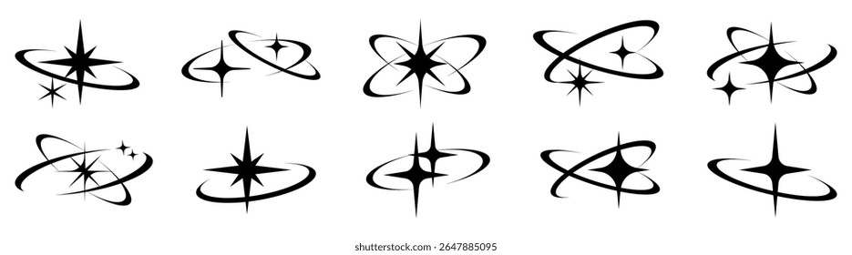 Conjunto de ícones de estrela abstratos. Formas de estrela com linhas de órbita. Vários desenhos de estrelas. Símbolos de estrela com linhas dinâmicas. Ícones pretos no fundo branco. Elementos criativos, conjunto vetorial.