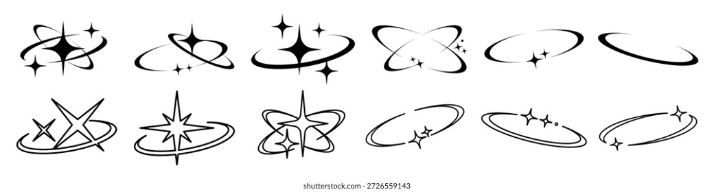 Conjunto de desenhos abstratos de estrelas e órbitas. Estrelas e órbitas em vários estilos. Perfeito para arte abstrata, projetos com tema de estrelas ou ilustrações em órbita. Elementos criativos, conjunto vetorial.