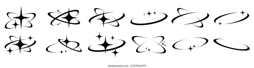 Conjunto de desenhos abstratos de estrelas e órbitas. Estrelas e órbitas em vários estilos. Motivos de estrela abstratos com padrões de órbita. Ilustrações de estrelas e órbitas diversas. Elementos criativos, conjunto vetorial.