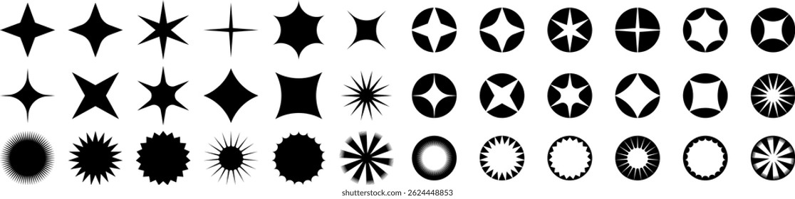 Conjunto de ícones abstratos de estrela e forma em quadros circulares pretos, perfeito para logotipos ou emblemas. Vetor EPS 10