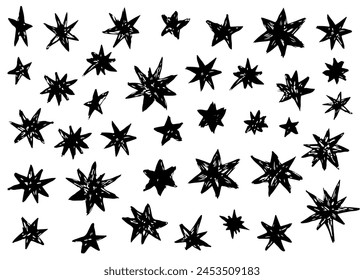 Set of abstract star shapes. Black and white textured galaxy stars. Retro futuristic sparkle icons collection. Vector set of Y2K style. Templates for posters, banners, stickers, business cards