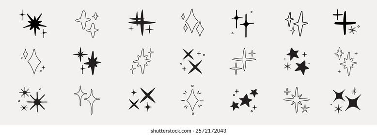 Set of abstract star and sparkle icons. Various star shapes and sparkle designs. Simple black and white star icons. Sparkle and star patterns for design. Element vector set.