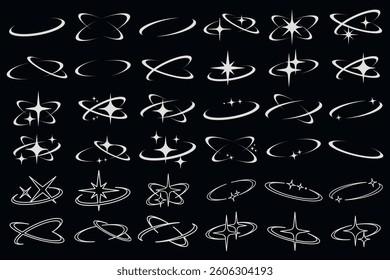 Set of abstract star and swirl icons on a black background. Various swirl designs and star shapes. Perfect for design, decoration, and creative projects. Creative elements, vector set.