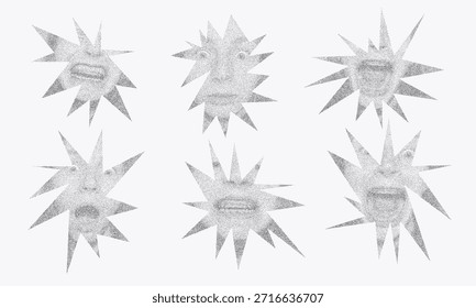 Set of abstract starburst shapes with expressive stipple noisy human faces in halftone style. Surreal, monochrome, and visually striking composition