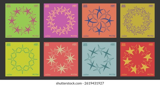 Set of Abstract Stars Circle Shapes Vector Design. Y2k Retro Covers. Acid Rave Graphic Elements. 