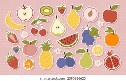 Set of abstract stickers fruits and berries. Vegetarian organic food. Hand drawn vector illustration for healthy eating, vegan lifestyle, and fresh nutrition designs