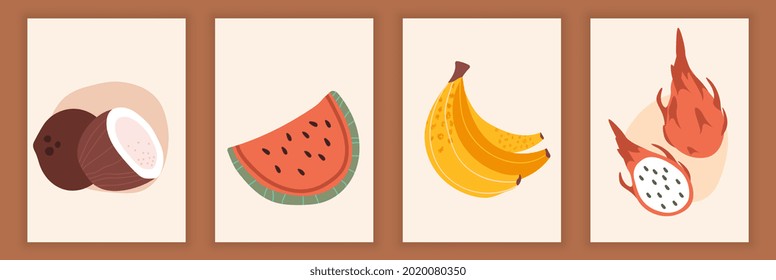 Set of abstract still fruits and berries on pastel background. Collection of contemporary art. Hand drawn watermelon, banana, dragon fruit, coconut. Flat cartoon vector illustration