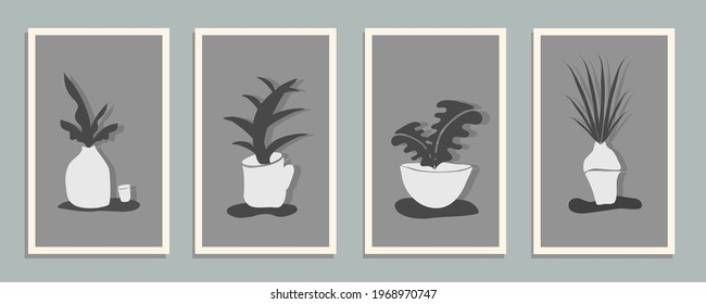 Set of Abstract still life in monochrome colors posters. Collection of contemporary art. Abstract elements, leaves, plant, botanical, flower for social media, postcards, print.