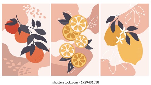 Set abstrakter Stillleben-Plakate in Pastellfarben. Anstrichene Äste von Zitrone, Granatapfel, Tangerine, Orange. Sammlung zeitgenössischer Kunst. Einfache Elemente, Früchte für soziale Netzwerke, Postkarten.