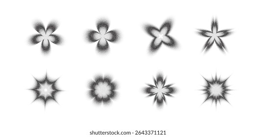 Set of abstract stippled sparkle elements. Halftone dot texture creates unique star, flower, and burst shapes. Ideal for modern, y2k, festive, or magical design accents and effects.