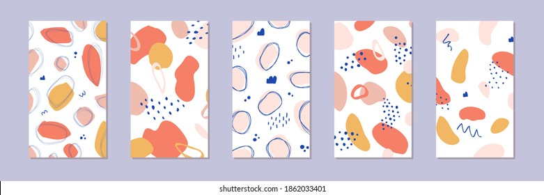 Set of abstract story backgrounds. Hand drawn botanical patterns with natural elements, textures, collage shapes. Natural colors.