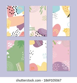 Ensemble d'arrière-plans abstraits d'histoires. Motif naturel dessiné à la main dans un style tendance. Illustration vectorielle. Couleurs pastel.