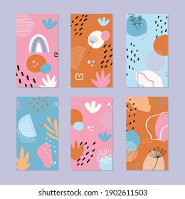 Set of abstract story backgrounds. Hand drawn natural pattern in trendy style. Vector illustration. 