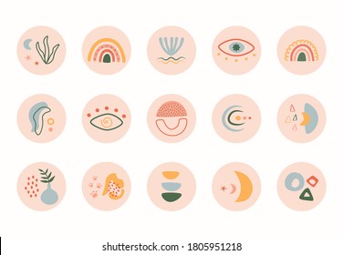 Set of abstract story highlight cover. Trendy boho hand drawn shapes doodle in contemporary style. Modern vector round social media stories for bloggers