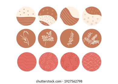 Set of abstract story highlight cover icons. Collection of vector circle pastel boho color illustration for your business, scrapbooking, bullet journaling, ig story buttons