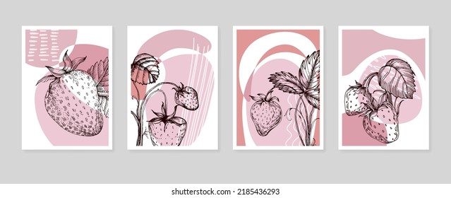 Set of Abstract Strawberry Hand Painted Illustrations for Wall Decoration, minimalist flower in sketch style. Postcard, Social Media Banner, Brochure Cover Design Background. Modern Abstract Artwork.