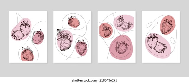 Set von abstrakten Erdbeeren Handgemalte Illustrationen für die Wanddekoration, minimalistische Blume im Skizzenstil. Postkarte, Social Media Banner, Broschüre Cover Design Hintergrund. Modernes Abstraktes Kunstwerk.