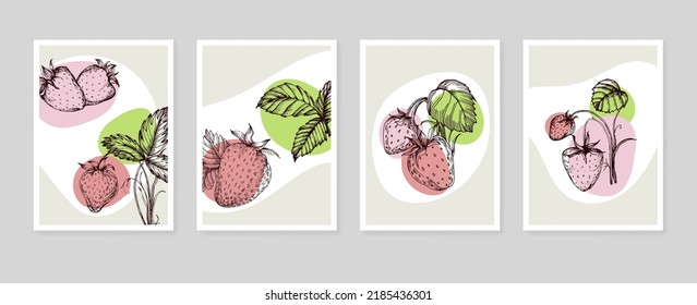 Set von abstrakten Erdbeeren Handgemalte Illustrationen für die Wanddekoration, minimalistische Blume im Skizzenstil. Postkarte, Social Media Banner, Broschüre Cover Design Hintergrund. Modernes Abstraktes Kunstwerk.