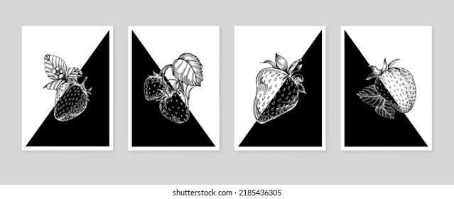Conjunto de ilustraciones abstractas de la mano de fresa pintadas para la decoración de las paredes, flor minimalista en forma de boceto. Postcard, Banner de medios sociales, Fondo de diseño de portada de folletos. Arte Resumen Moderno.
