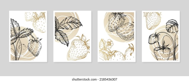 Set of Abstract Strawberry Hand Painted Illustrations for Wall Decoration, minimalist flower in sketch style. Postcard, Social Media Banner, Brochure Cover Design Background. Modern Abstract Artwork.
