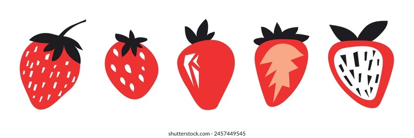 Conjunto de fresa abstracta. Simple fresa. Ilustración vectorial contemporánea de moda. Diseño de colección de frutas para el interior, póster, cubierta, Anuncio. Todos los Elementos están aislados.