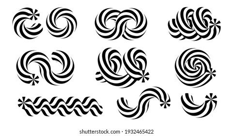 Set of abstract striped 3d geometric shapes. Optical illusion elements.