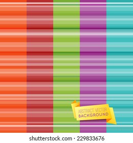 Set of abstract striped pattern wallpaper with yellow origami banner. Vector illustration for cute design. Light orange, red, green, purple and blue colors. Seamless vertical background.
