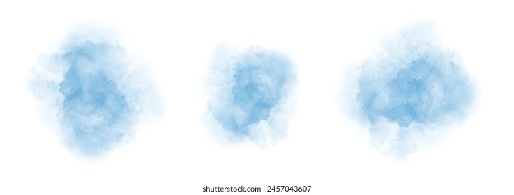 Set of abstract strong blue watercolor water splash on a white background. Vector watercolour texture in salad color. Ink paint brush stain. Strong blue splatters spot. Watercolor pastel splash