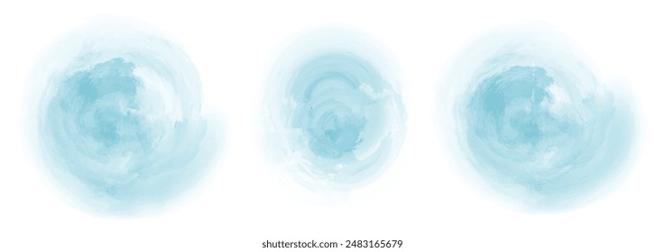 Set of abstract strong cyan watercolor water splash on a white background. Vector watercolour texture in salad color. Ink paint brush stain. Strong cyan splatters spot. Watercolor pastel splash