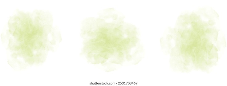 Set of abstract strong green watercolor water splash on a white background. Vector watercolour texture in salad color. Ink paint brush stain. Strong green splatters spot. Watercolor pastel splash