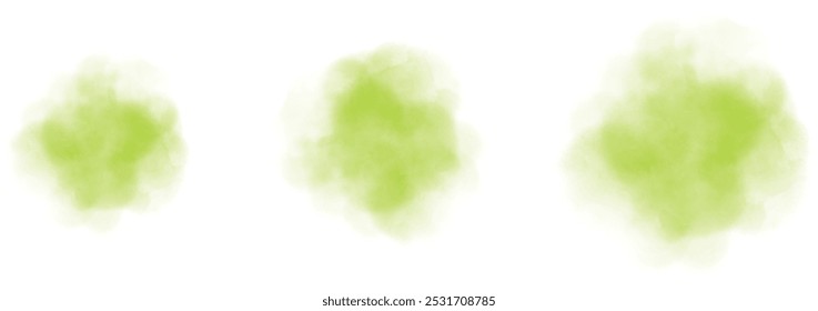 Set of abstract strong green watercolor water splash on a white background. Vector watercolour texture in salad color. Ink paint brush stain. Strong green splatters spot. Watercolor pastel splash