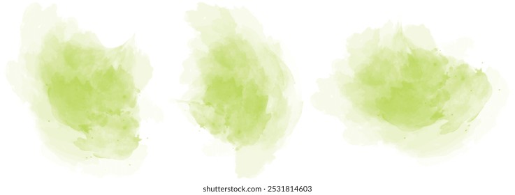 Set of abstract strong green watercolor water splash on a white background. Vector watercolour texture in salad color. Ink paint brush stain. Strong green splatters spot. Watercolor pastel splash