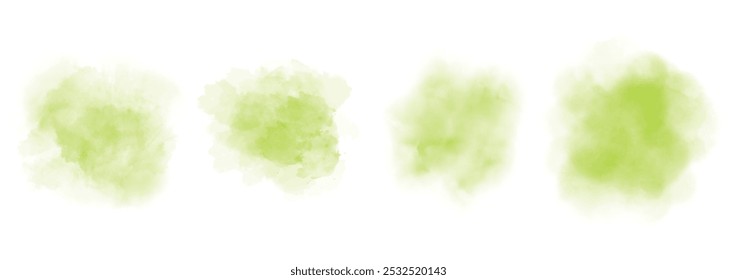 Set of abstract strong green watercolor water splash on a white background. Vector watercolour texture in salad color. Ink paint brush stain. Strong green splatters spot. Watercolor pastel splash