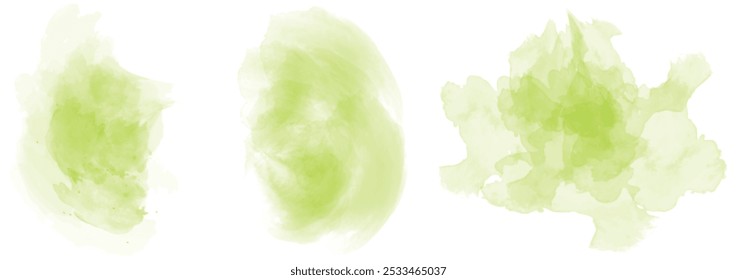 Set of abstract strong green watercolor water splash on a white background. Vector watercolour texture in salad color. Ink paint brush stain. Strong green splatters spot. Watercolor pastel splash