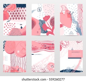 Set of abstract stylized graphic art pages, love and passion theme, saint Valentine's day, Suitable for covers, posters, cards, invitations, placards, brochures, flyers, etc