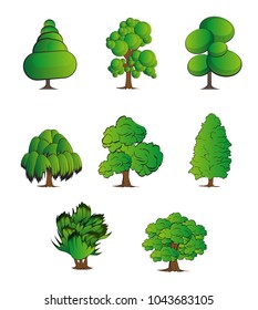 Set of abstract stylized trees. Natural illustration. Collection of trees illustrations. Can be used to illustrate any nature or healthy lifestyle topic.