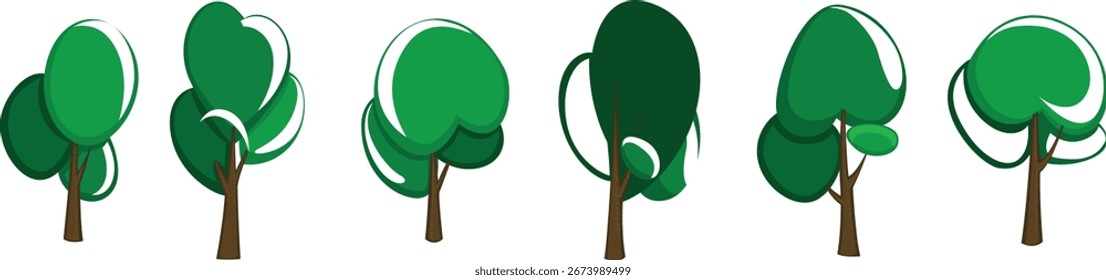 Conjunto de árboles estilizados abstractos. Ilustración natural, arbusto de dibujos animados y conjunto de árboles. Acuarela Árboles verdes. Ilustración vectorial.