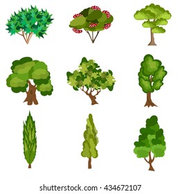 Set of abstract stylized trees. Natural trees vector illustration. Cartoon trees green nature and summer forest green trees collection. Trees leaf green plants and ecology forest oak trees eco branch.