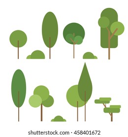 Set of abstract stylized trees. Natural trees vector illustration. Cartoon trees green nature and summer forest green trees collection. Trees leaf green plants and ecology forest oak trees eco branch.