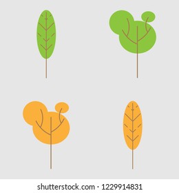 Set of abstract stylized trees. Primitive style. Summer and autumn green and orange trees
