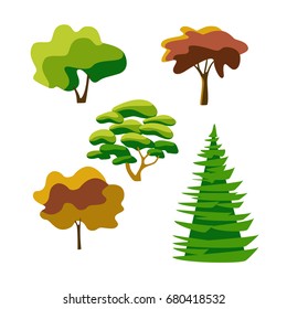 Set of abstract stylized trees:  spruce, pine, cedar, maple .Vector illustration of summer and autumn trees