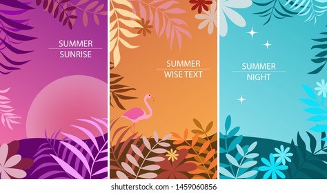 Set of abstract summer background designs for sale, banner, poster. Flat flowers, palm leafs, flamingo. 