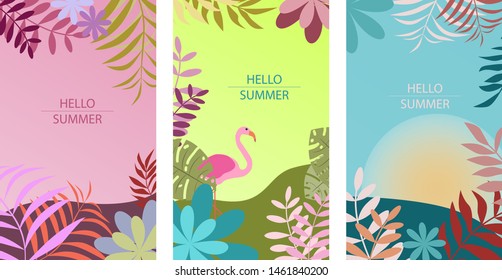 Set of abstract summer background designs for sale, banner, poster, postcard. Flat flowers, palm leafs, flamingo. 