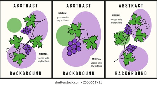Set Abstractas fondo de verano con rama de uva. Colección de cubierta de carteles geométricos minimalistas de moda. La Ilustración vectorial puede utilizar el diseño de Plantilla de Anuncio de la tienda de vinos. EPS 10